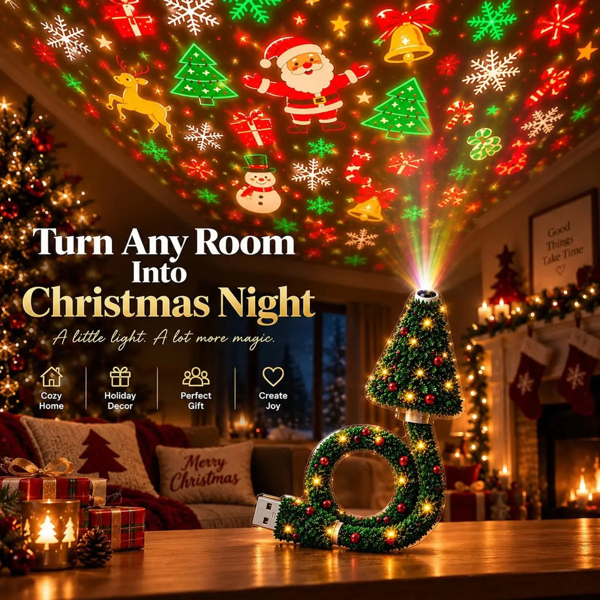 2026 Christmas Projector Lights USB Plug & Play Holiday Indoor HD Night Light,Christmas Tree Design,Christmas Decor Gift