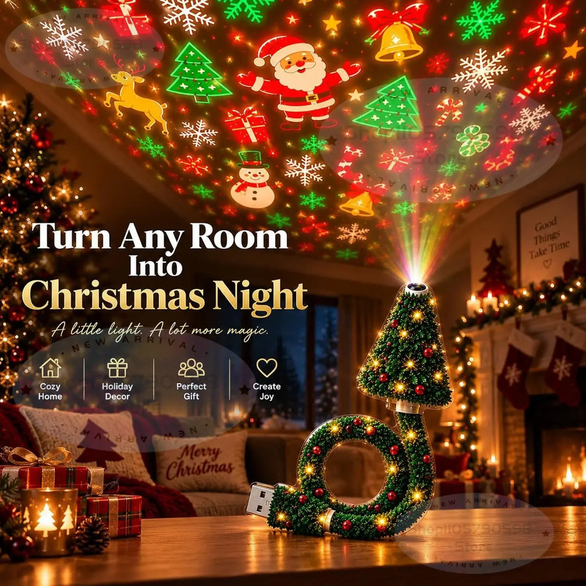 2026 Christmas Projector Lights USB Plug & Play Holiday Indoor HD Night Light,Christmas Tree Design,Christmas Decor Gift