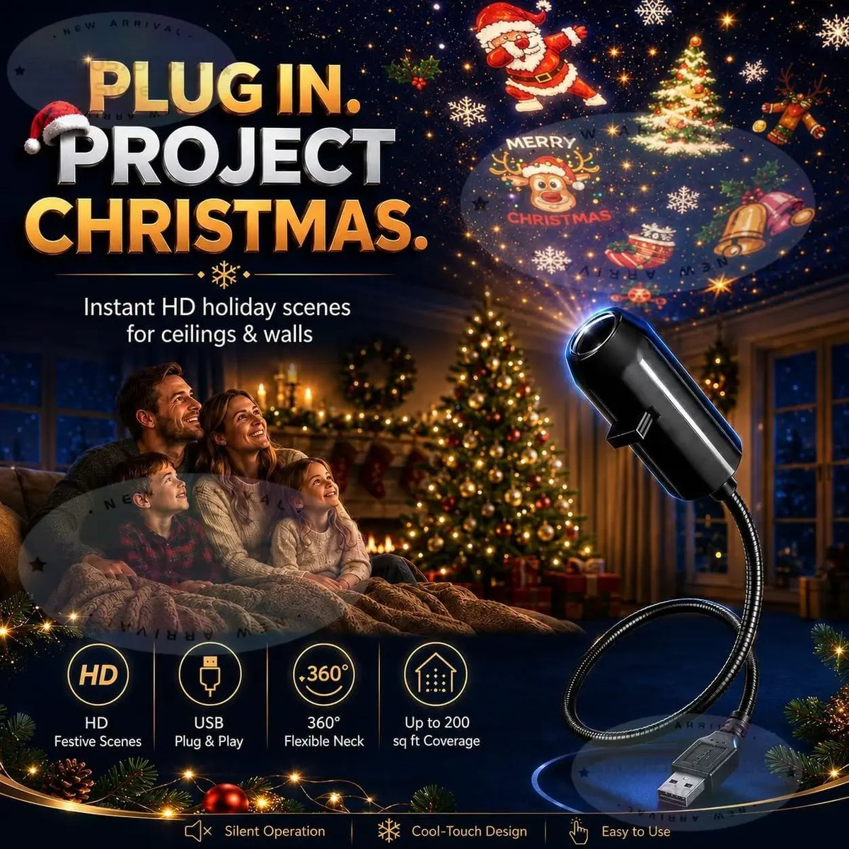 2026 Christmas Projector Lights USB Plug & Play Holiday Indoor HD Night Light,Christmas Tree Design,Christmas Decor Gift