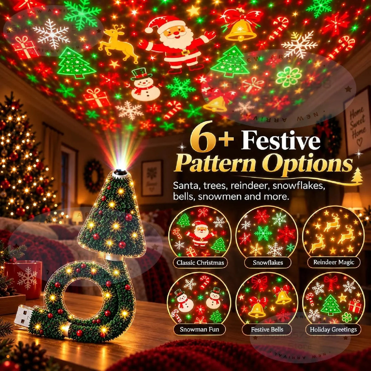 2026 Christmas Projector Lights USB Plug & Play Holiday Indoor HD Night Light,Christmas Tree Design,Christmas Decor Gift